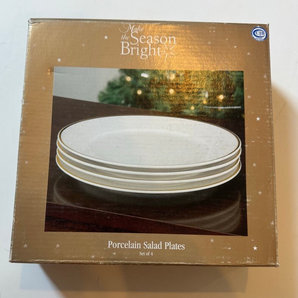NIB Vtg Set of 4 Holiday Porcelain Salad Plates White/Gold Edge